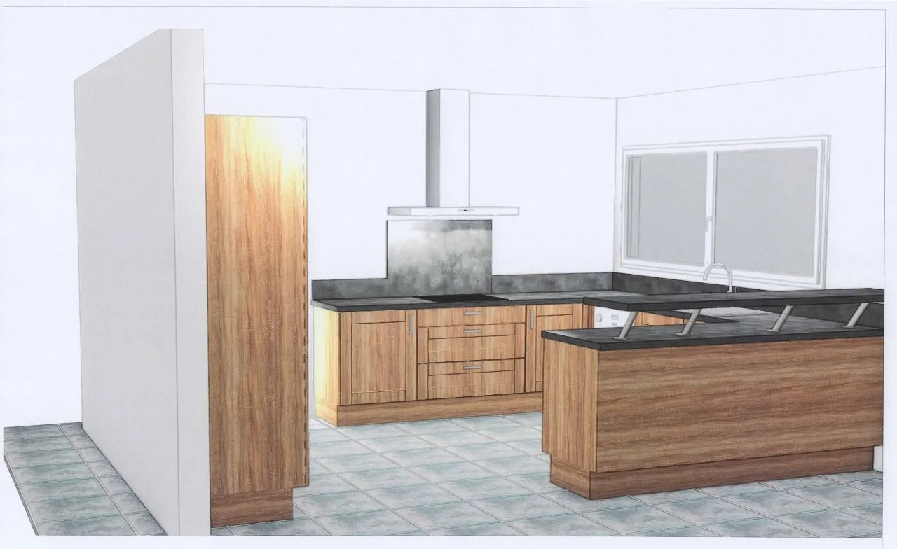 Esquisse rendu 3D cuisine moderne îlot central maison Aix-en-Pévèle 2015 — plan de travail pierre
